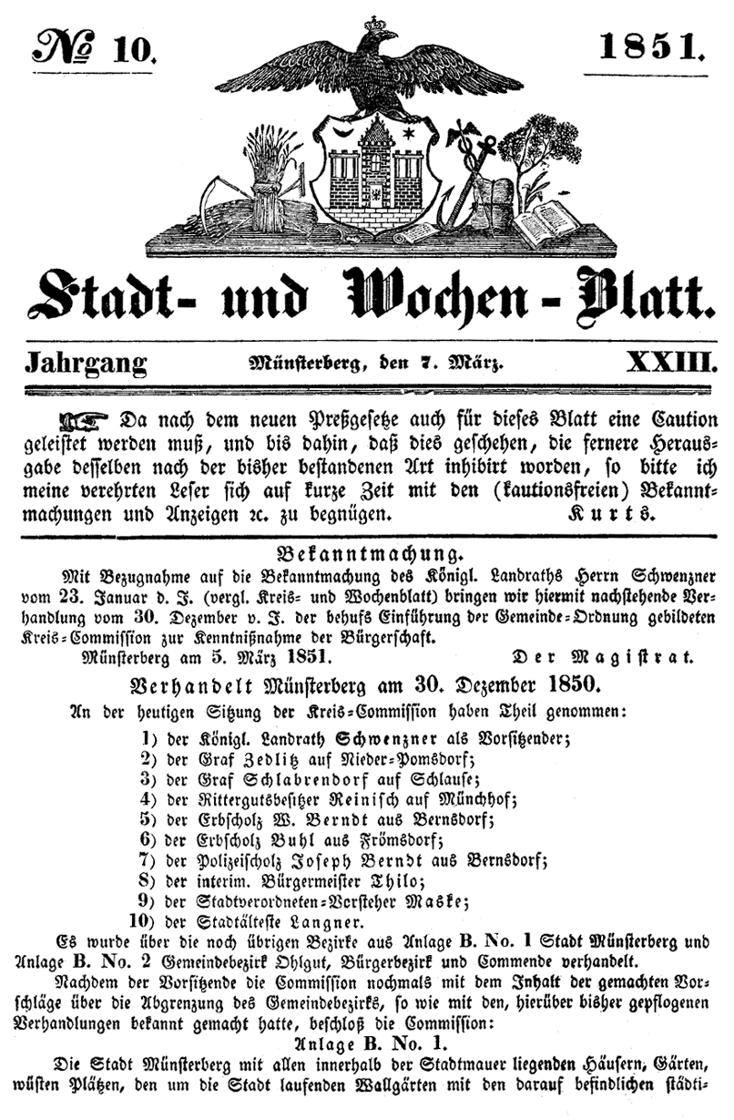 Münsterberg Wochenblatt 1851 10a