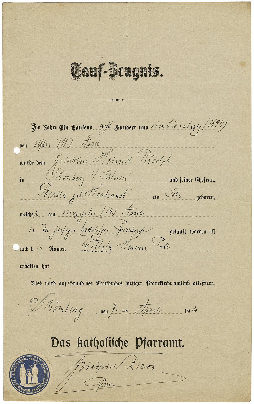Taufzeugnis Wilhelm Hermann Paul Rudolph 11.04.1894